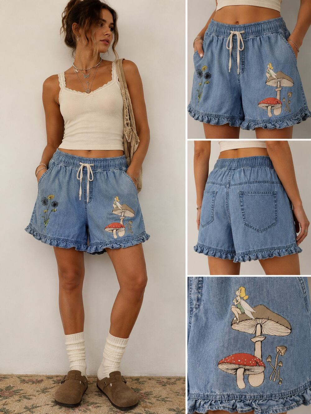 Disney Tinker Bell Denim Shorts Women Blue Mushroom Fairy Embroidered Ruffle